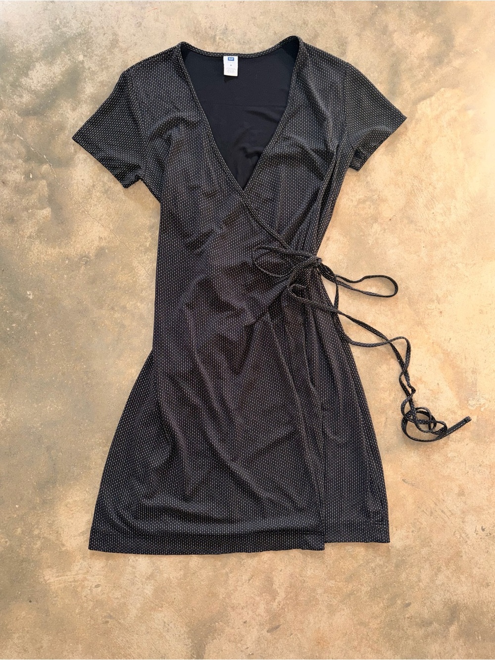 Gap Black Dot Wrap Dress Tie Waist Short Sleeve Stretch Medium Teacher School